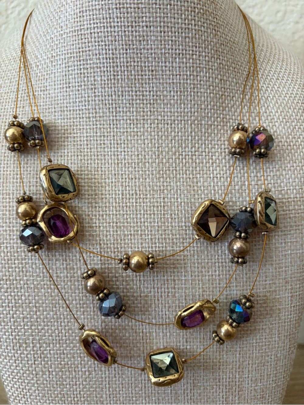 Chico’s Gold-Tone Multi-Strand Necklace with Purple, green & Iridescent Gems.